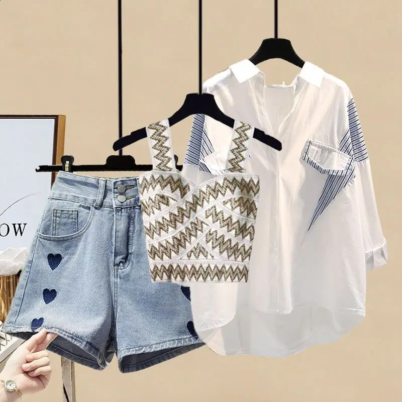 Spring Summer Striped Patchwork White Shirt Blouse Love Denim Shorts Personality Vest Three-piece Elegant Womens Shorts Set 240325