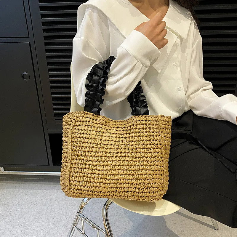 Ruched Handle Straw Bag Bohemian Womens Handbag Wallet and Handbag Paper Rope Beach Bag Shoulder Bag Mini Shopping Bag 241105