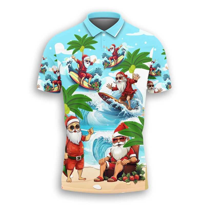 Tropical Merry Christmas 3D Printed Beach Shirt Cute Cartoon Santa Claus Mens T-shirt Childrens Christmas Top W241104