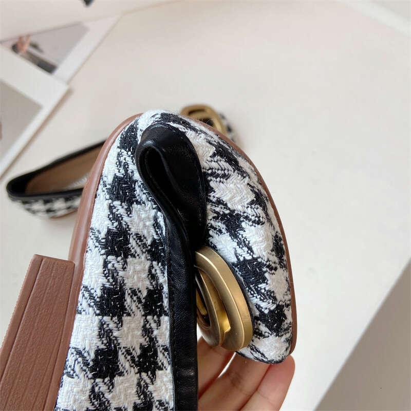2023 New Korean Version Thousand Bird Grid Shallow Mouth Square Head Flat Single For Women, Metal Buckle Versatile Soft Bottom Thick Heel Scooter Shoe