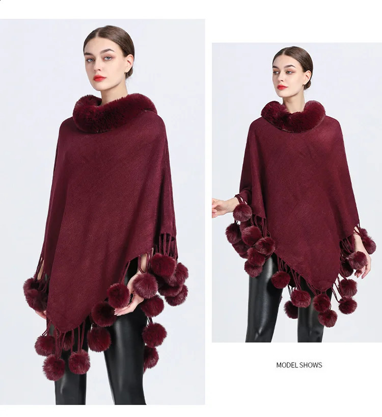 Poncho Scarf Fur Ball Decoration Shawl Faux Collar Womens Cape Fringed Asymmetric Cover Up Diamond 241105