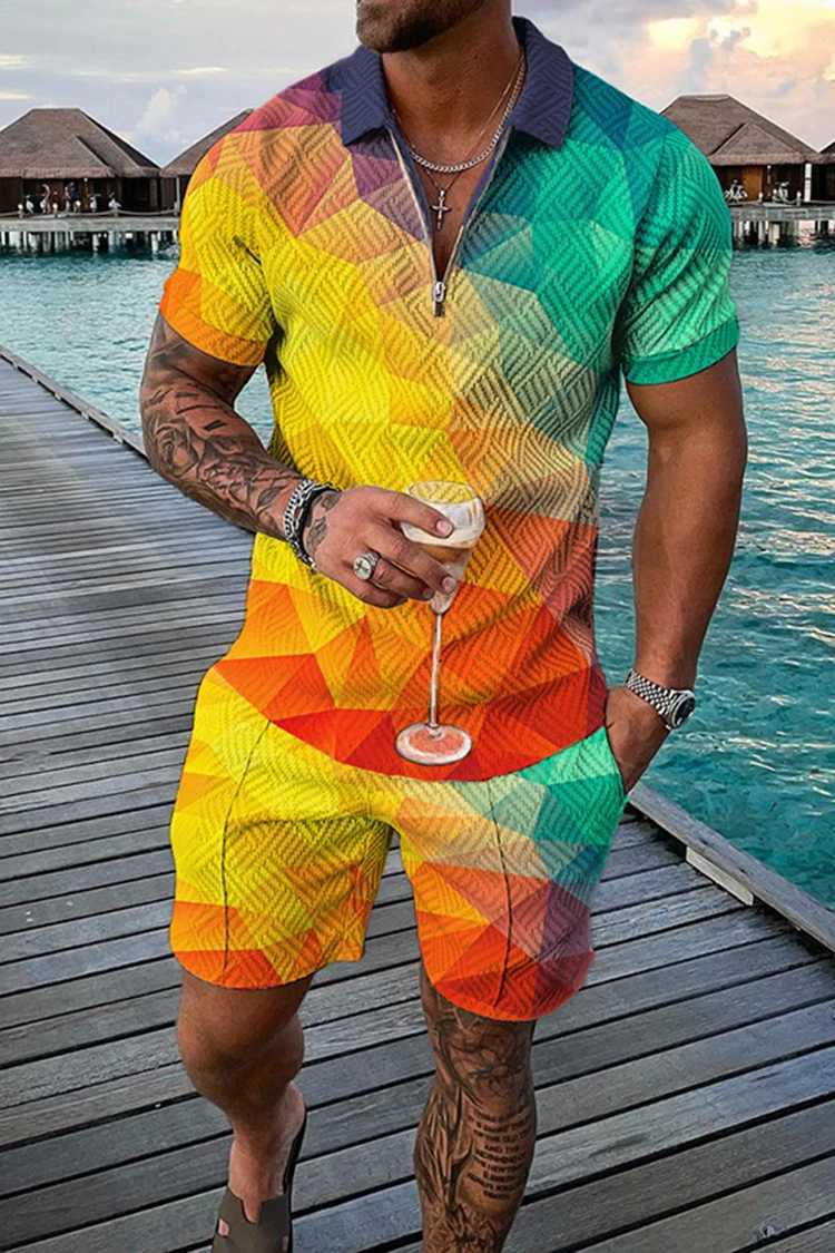 2023 Summer Mens Fashion Casual 3D Printed V-neck Zipper Short Sleeve Shirt Mens Set 2-piece Mens W241104