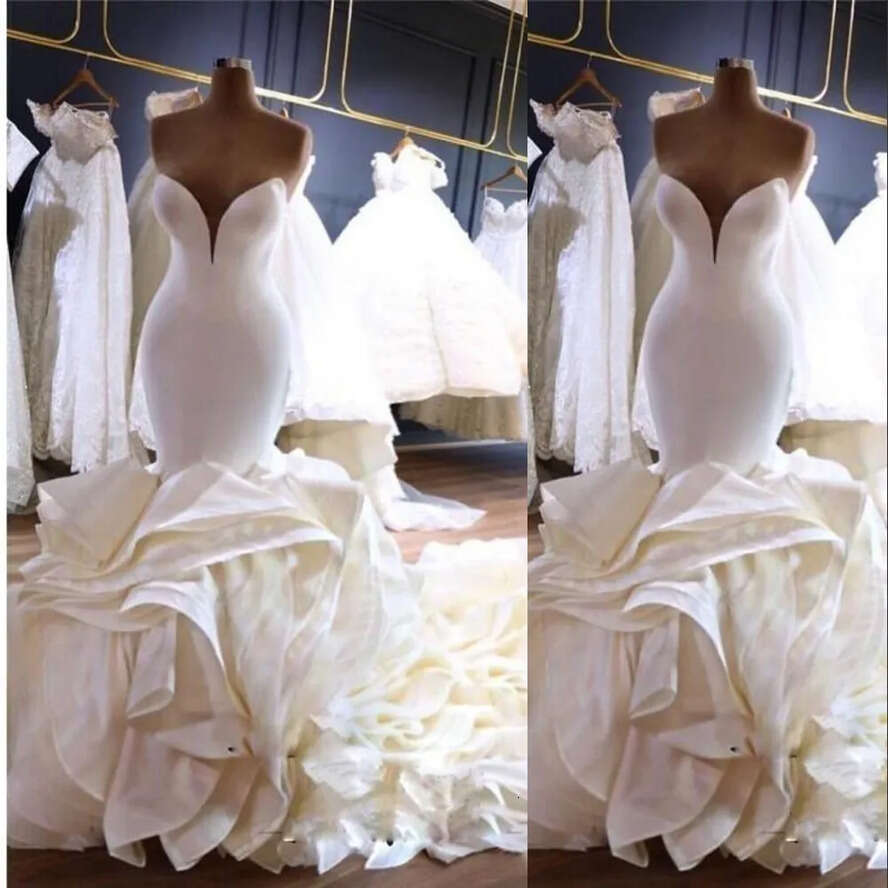 Vintage Mermaid Wedding Dresses Urious Sweetheart Bridal Gowns Cathedral Train Cascading Ruffles Tiered Satin Plus Size African Nigerian Fishtail