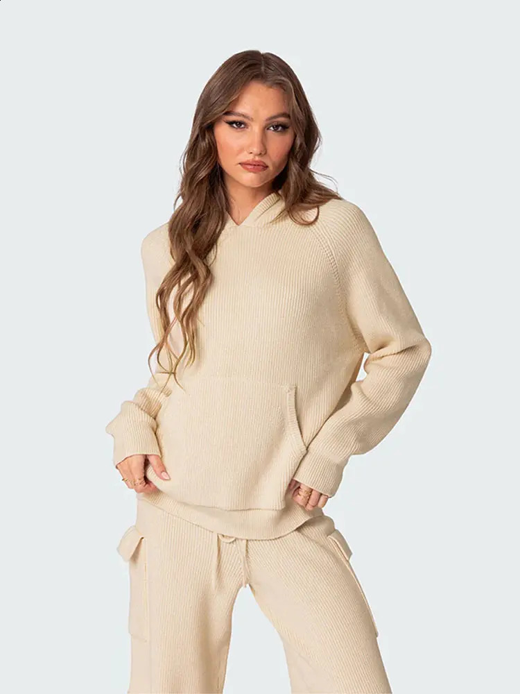 Casual Pants Sets Women Solid Hoodies Knit Long Sleeve Sweatshirts High Waist Pockets Pant Female Suit 2024 Autumn Lady Outfits 241105