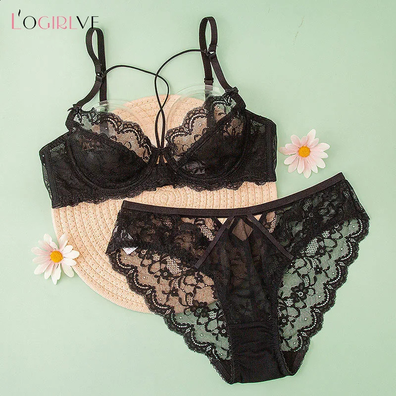 Logirlve Top Ultrathin Underwear Set Pushup Bra And Panty Sets Hollow Brassiere Gather Sexy Transparent Lace Lingerie 241105