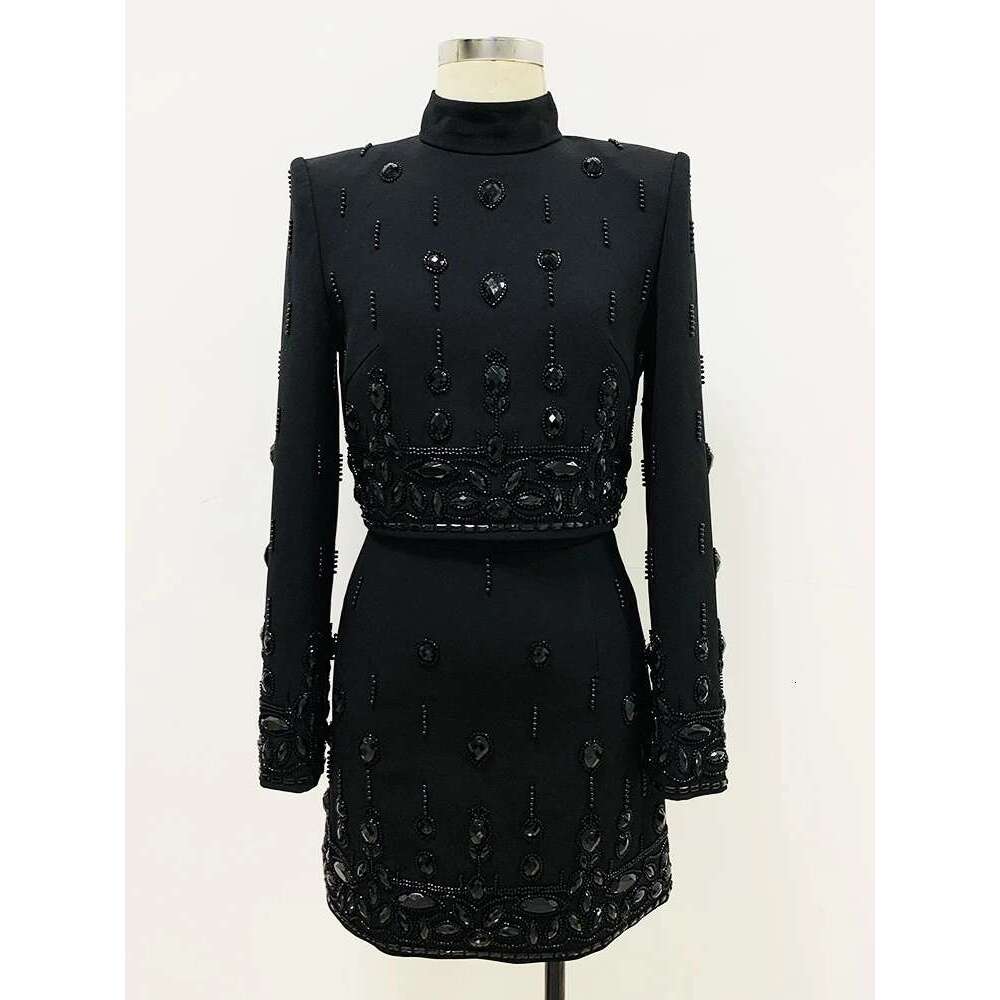 Latest designer runway set women's stand up collar zipper back open top mini skirt set 2 pieces