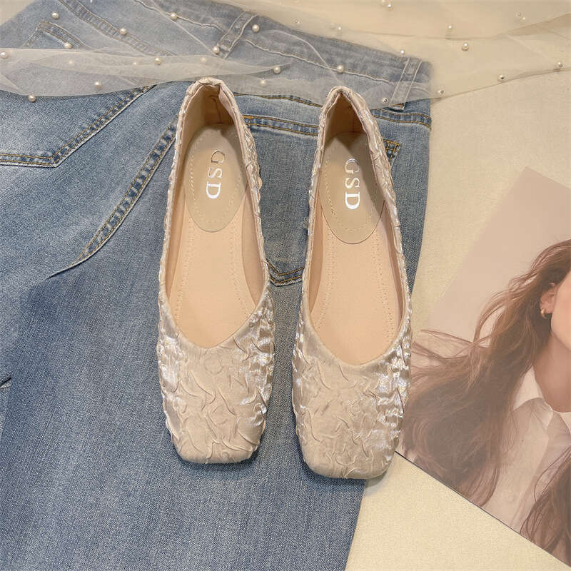 French Satin Single Shoe Women's Korean Version Spring New Versatile Low Heel Scoop Square Toe Shallow Mouth Cloth Soft Sole Grandma Shoes