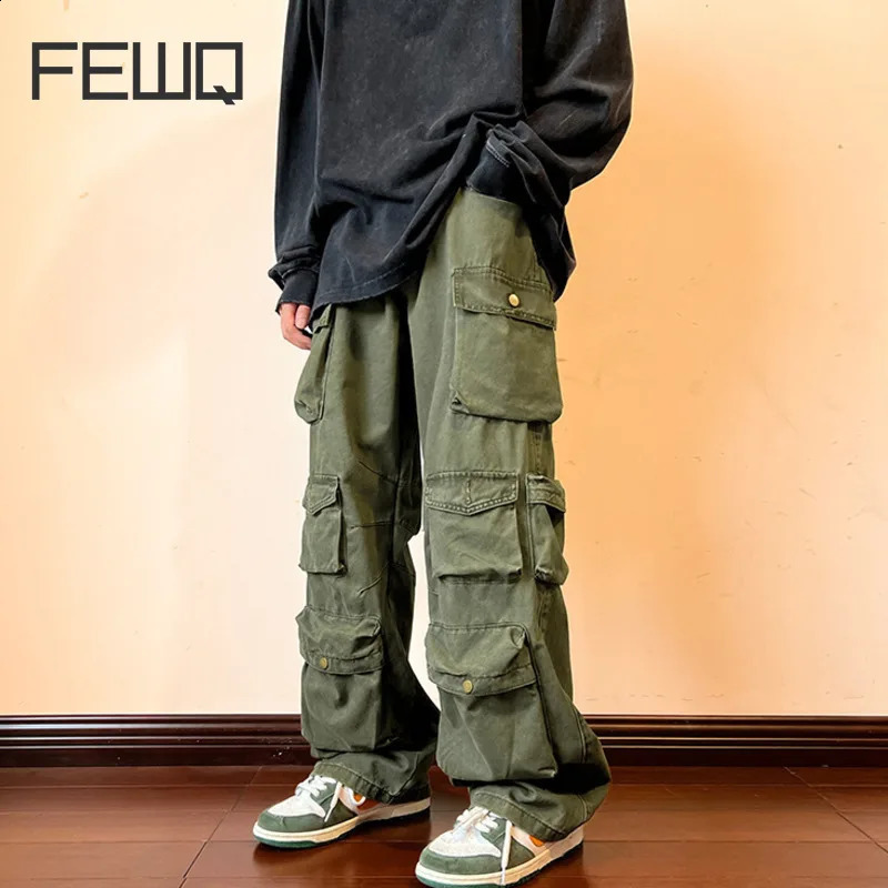 FEWQ Y2k Mens Cargo Pants Multi Pocket Male Hiphop Overalls High Street Safari Style Trousers Summer Streetwear 24A562 241105