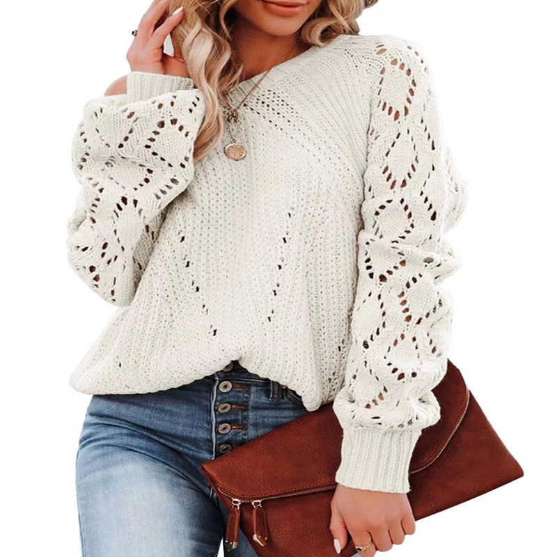 Hollow Pattern Round Neck Sweater Solid Color Loose Top Women's Autumn And Winter New Item