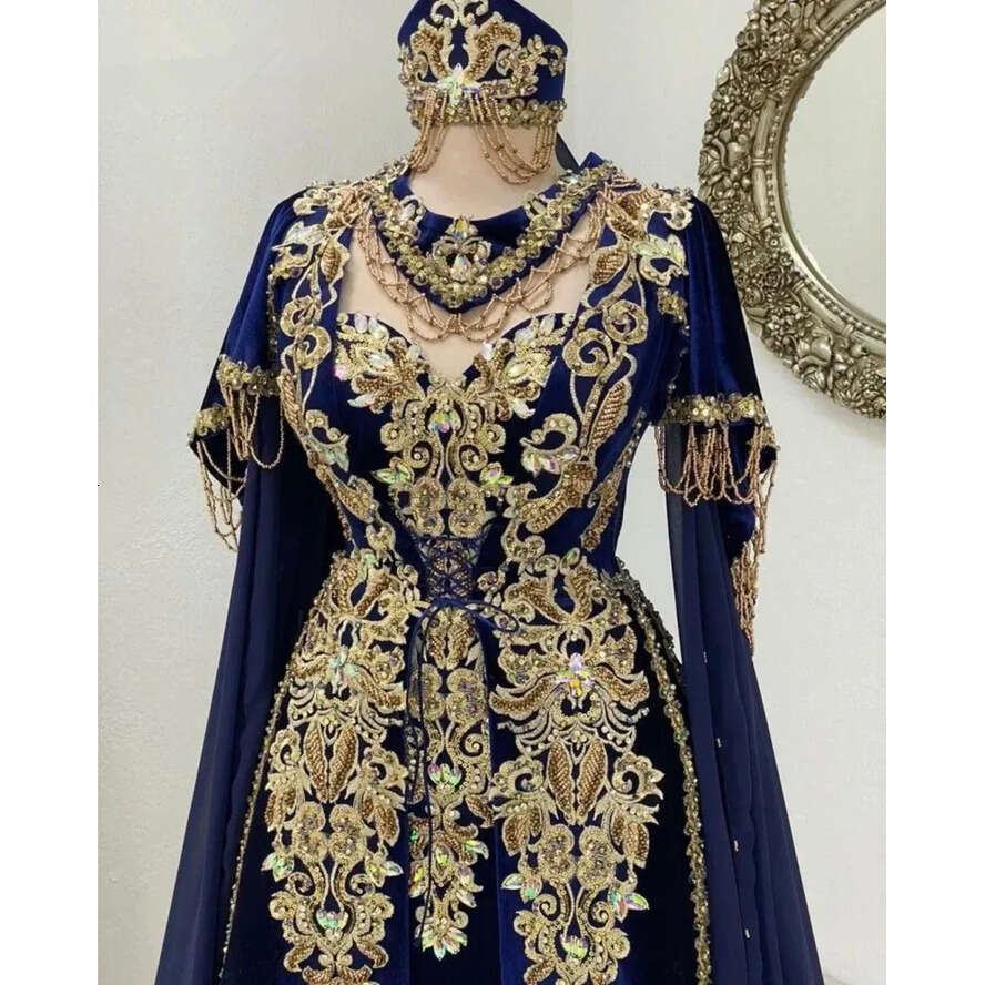 Blue Middle Navy East Evening Formal Dresses With Cape Long Sleeve Gold Applique Lace Marrocan Caftan Prom Ocn Dress