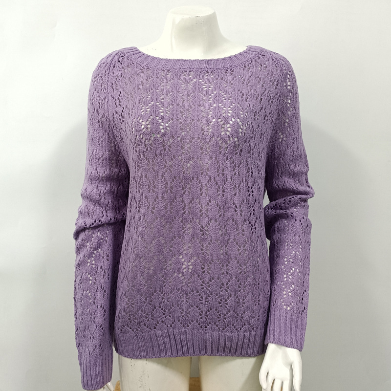 Autumn And Winter New Knitted Solid Color Hook Flower Hollow Out Pullover Round Neck Loose Sweater For Women