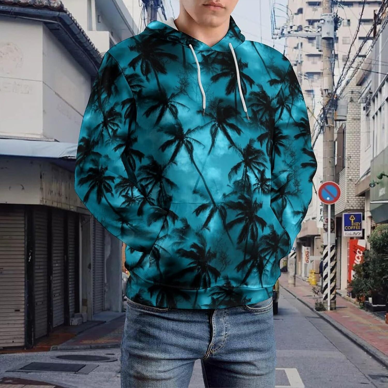 Hoodie for Mens Womens Palm Tree Shirt Tropical Leaves Hoodies for Men 3D Print Pullover Hooded Drawstring Loose Sweatshirt with Big Pockets Graphic C