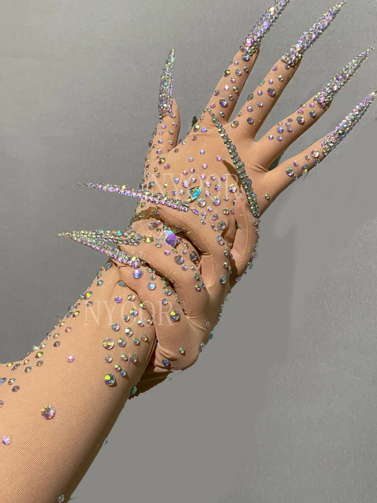 Sparkling colored rhinestones transparent mesh sexy long gloves dancers singers nightclubs dance stages po shoot241105
