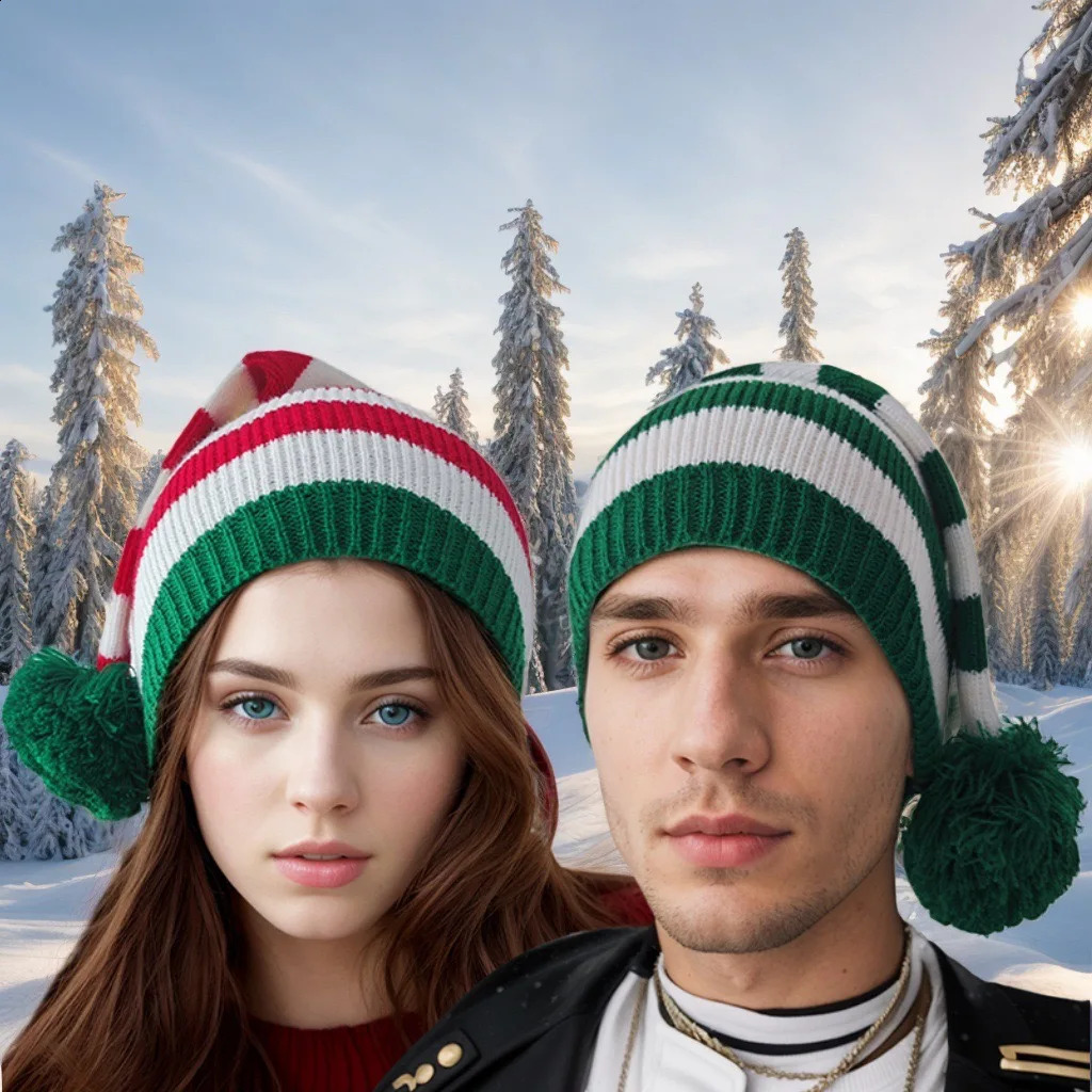Fashion Adult Christmas Knitted Hat Elf Santa Beanies Claus Red Green Striped Crochet Merry Happy Year 241105