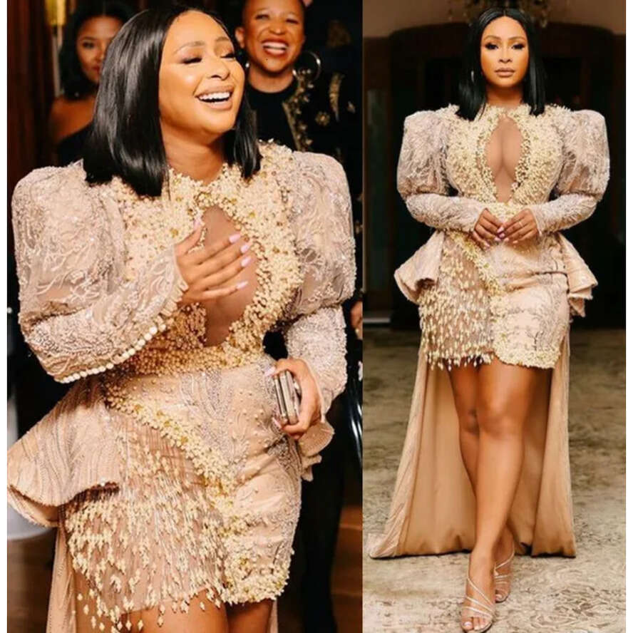 Plus Size Arabic Aso Ebi Champagne Urious Sexy Prom Dresses Lace Pearls Beaded Evening Formal Party Second Reception Gowns Dress ZJ