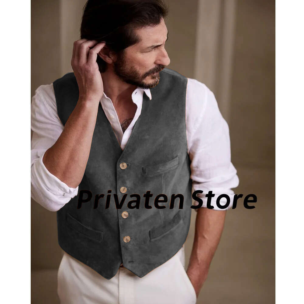 Men Vest Modern Suede Veet Khaki Cardigan 10-Button Suit Sleeveless Waistcoat West Cowboy With Pocket Punk Gilet Chaleco