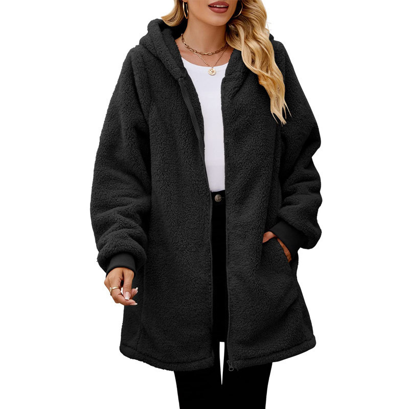 Winter New Loose Plush Women's Long Sleeved Hooded Zipper Cardigan Jacket