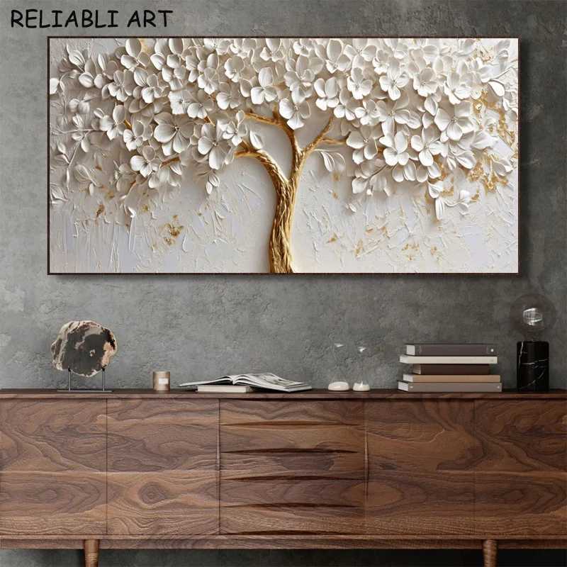 Golden White Flower Tree Poster and Prints Abstract Canvas Painting Wall Art Pictures for Living Room Home Decor No FrameXJ241104