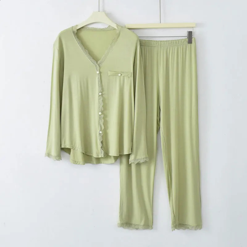 Women Sets Pajamas Sleepwear Long-sleeved Nine-point Pants suit Womens spring Autumn Casual Cardigan Home Service 241105