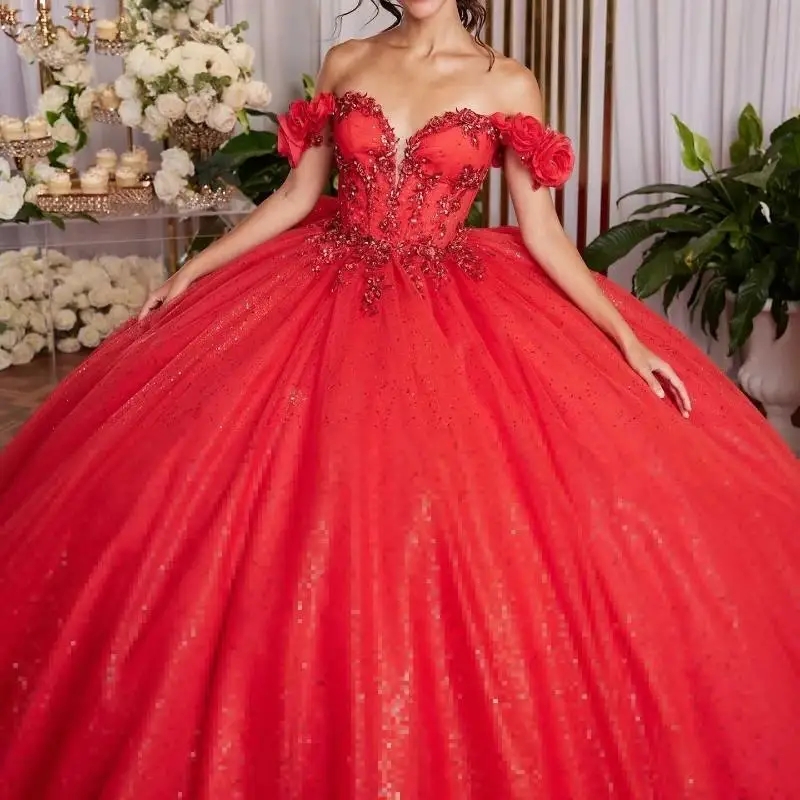 Mexican Royal Blue Quinceanera Dresses Ball Gown Off The Shoulder Beading Crystals Flower Tull Corset Sweet 16 Dress Vestido De 15 Anos
