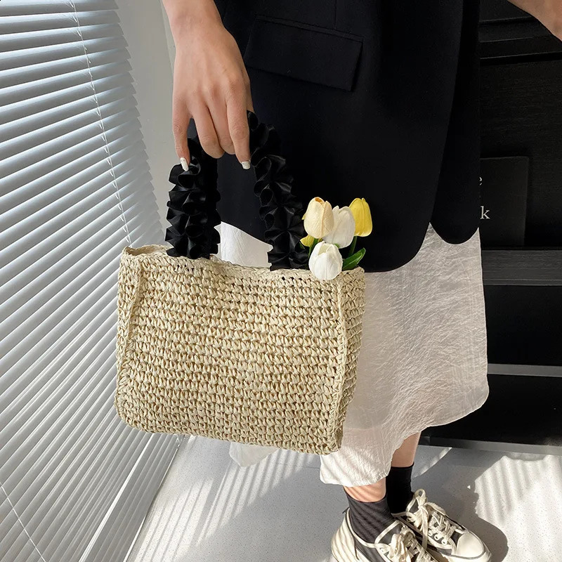 Ruched Handle Straw Bag Bohemian Womens Handbag Wallet and Handbag Paper Rope Beach Bag Shoulder Bag Mini Shopping Bag 241105