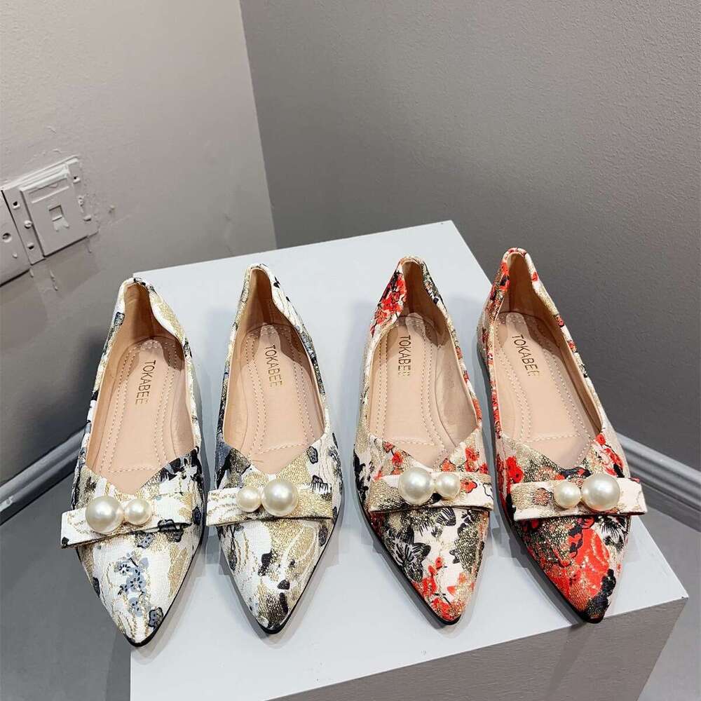 Sharp Pointed Sole Single For Women Flat Heels, Korean Version Spring And Autumn Scoop Shoes Paired With Cheongsam, Printed Women's Shoes, New Ch