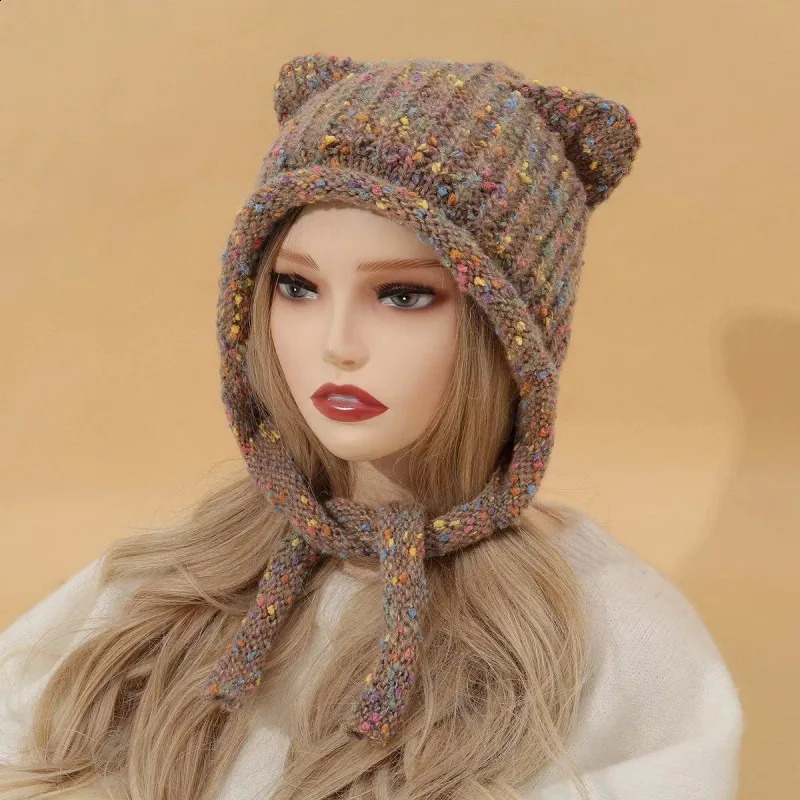 Cute Knitted Cat Ear Hat Y2K Fashion Crochet Protector Wool Cap Women Winter Warm Pullover Girl Wrap Head Bonnet Beanies 241105