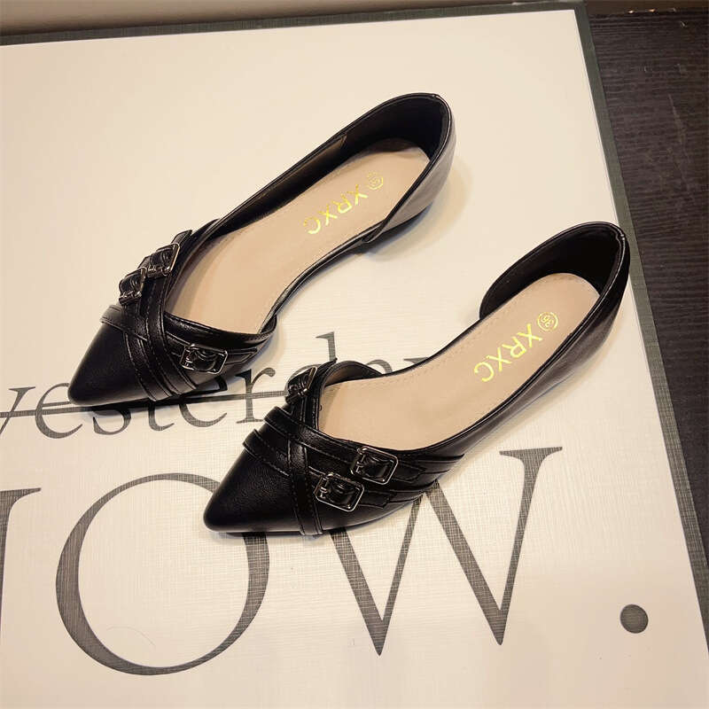 Korean Version Spring And Summer New Shallow Mouth Pointed Flat Bottom Side Empty Fairy Evening Breeze Gentle Temperament Small Fragrant Style Single 