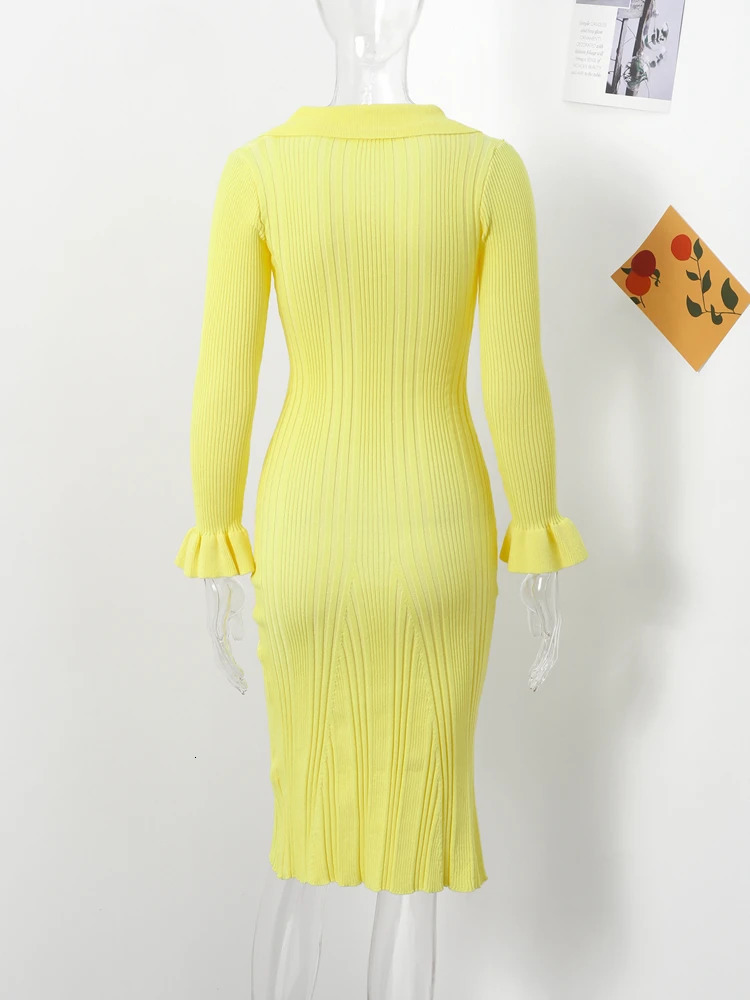 Elegant Women Ruffle Hem Single Breast Knit Midi Dress Fashion V-neck Long Sleeve Bodycon Dresses Office Street Lady Party Robe 241104