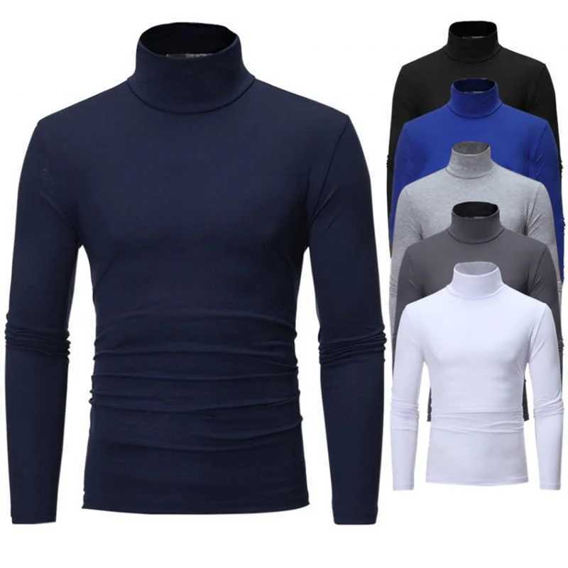 Mens solid color turtle neck T-shirt for autumn and spring casual long slip base fashionable solid color slim fit top W241104