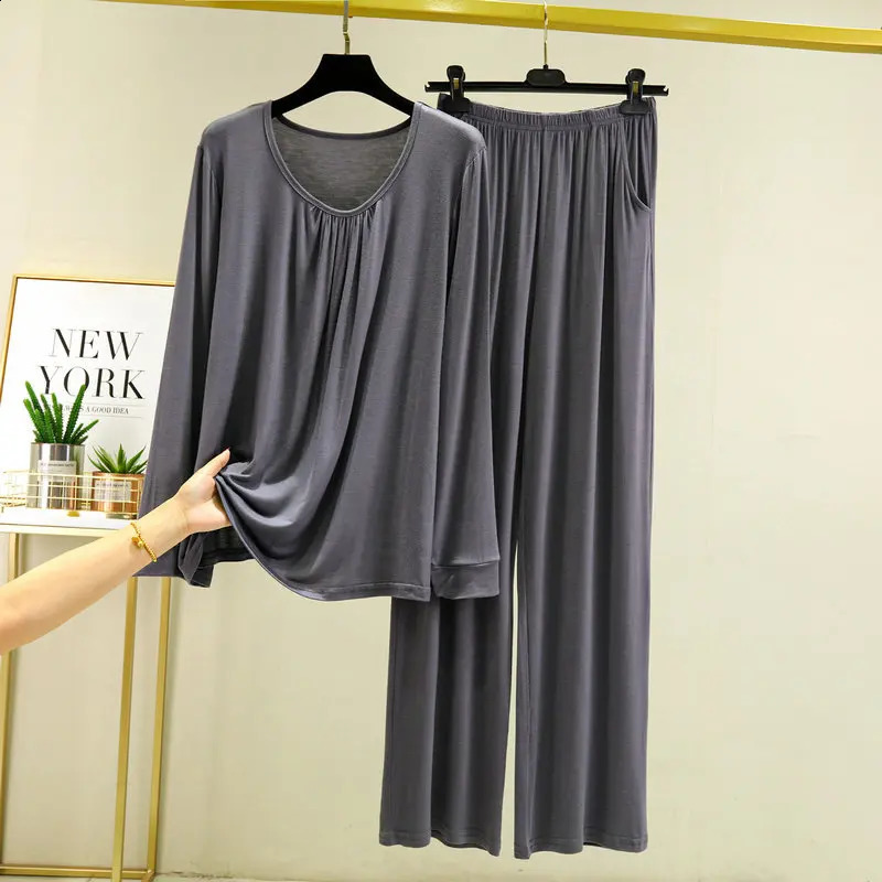 Modal Loose Home Service Womens Long-Sleeved Blouse Plus Size Casual Pants Suit Spring and Autumn Thin Pajamas 2-Piece Suit 241105