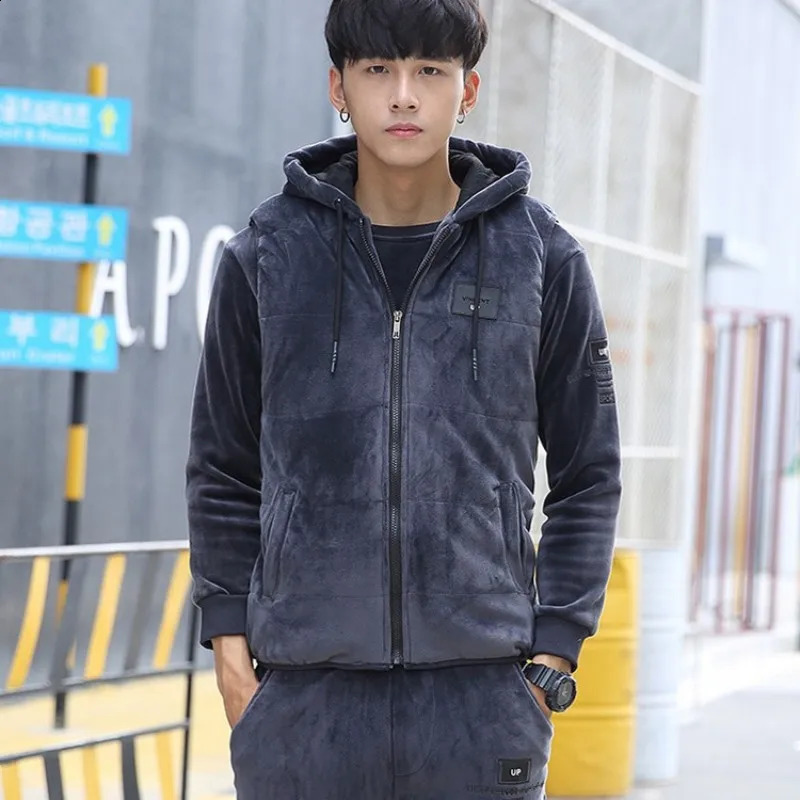 Winter Mens 3pcs Velvet Tracksuit Hoddie Vest Coat Sweatshirt Pants Suits Casual Joggers Fitness Sets Fashion Warm Track Suit 241105
