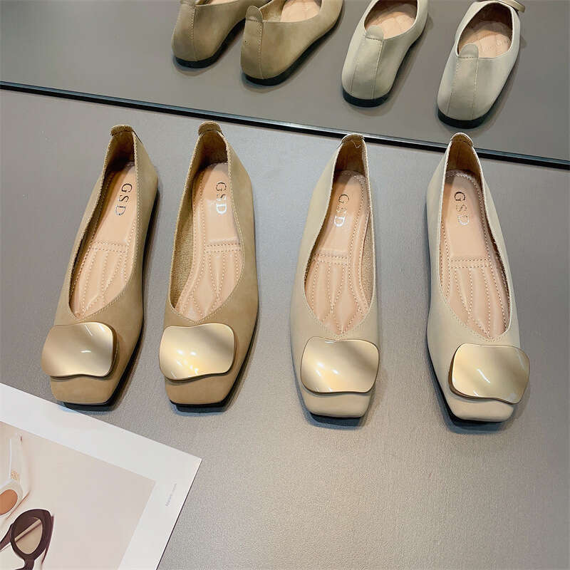 Shallow Mouth Women's Korean Version Spring New Item Metal Buckle Comfortable One Foot Cover Square Toe Flat Single Shoe Soft Sole Bean Shoes