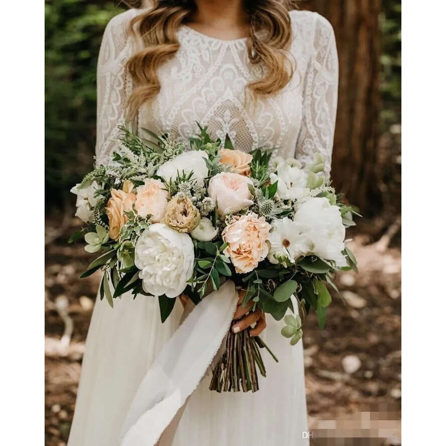 Boho Sexy Backless Dresses A E Long Sleeves Scoop Neck Chiffon Sweep Train Country Beach Wedding Gown Vestido De Novia