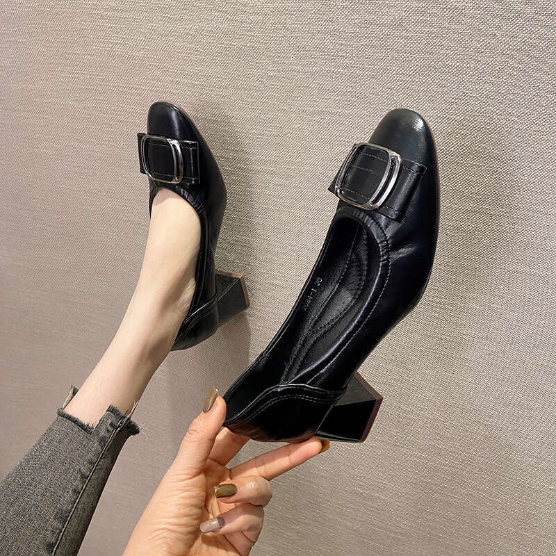 Rough Order Shoes For Women, Korean Version, Spring And Autumn New Item, Versatile Soft Leather Grandma Fashionable Square Toe High Heels, Work Shoes,