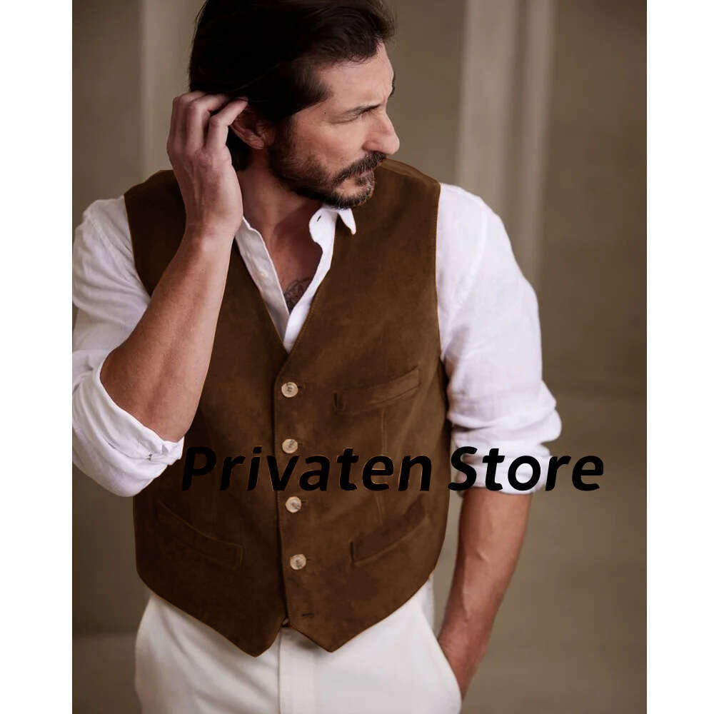 Men Vest Modern Suede Veet Khaki Cardigan 10-Button Suit Sleeveless Waistcoat West Cowboy With Pocket Punk Gilet Chaleco