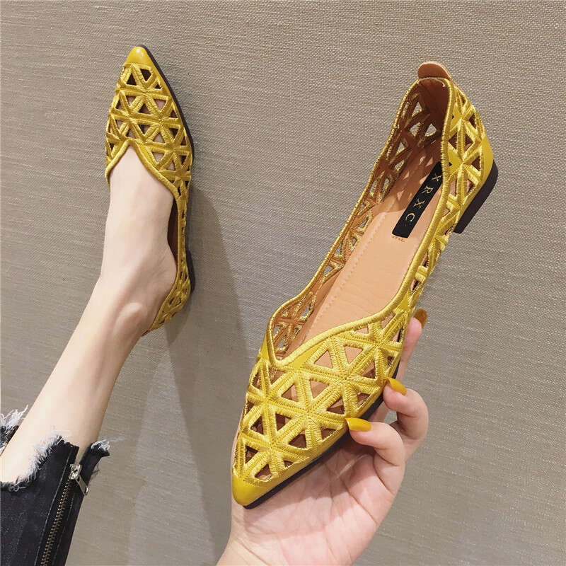 Korean Version Fashionable Versatile Pointed Shallow Mouth Soft Sole Ladies Fairy Hollow Breathable Flat Single Shoes Women
