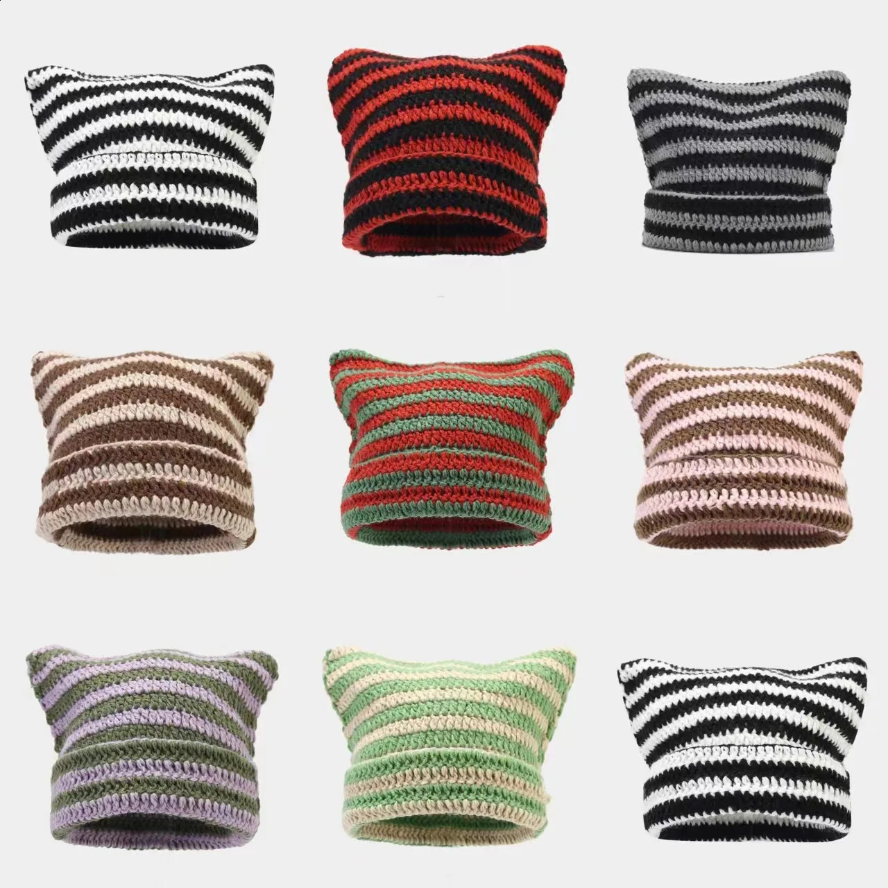 Autumn and Winter Woolen Hat Japanese Style Little Devil Handmade Stripesd Womens Cat Ears Warm Knitted Pullover 241105
