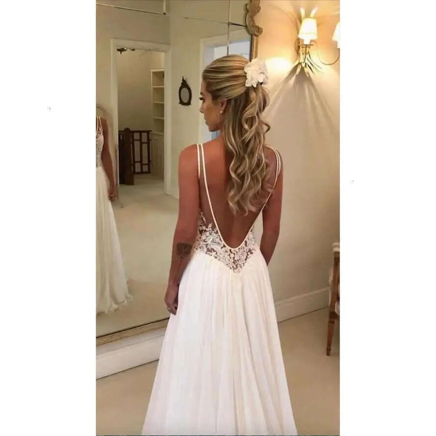 Beach Dresses Lace Appliqued Cheap V Neck A E Sexy Backless Boho Wedding Dress Sweep Train Custom Garden Bridal Gowns