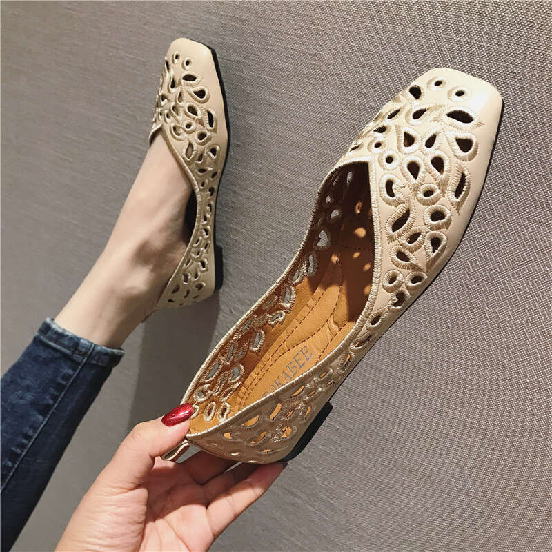 Summer Sandals, Hollowed Out Fashionable Work Black Women's Shoes, Flat Sole, Single Shoe, Hole, Simple Square Toe Shoes