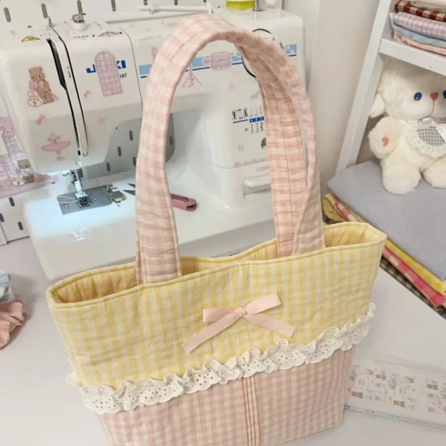 Miyagawa Spring Mini Yellow Grid Colorful Lace Cute Handbag Korean Fashion Shoulder and Lower Arm Handbag 241105