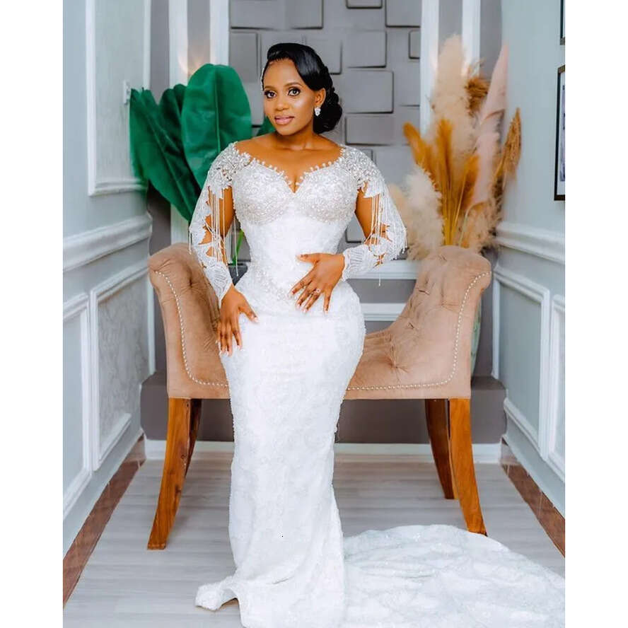 Oct Arabic Aso Ebi Plus Size Mermaid White Wedding Dress For Bride Beaded Crystals Satin Sequined Lace Bridal Gowns Dresses ZJ 6660311
