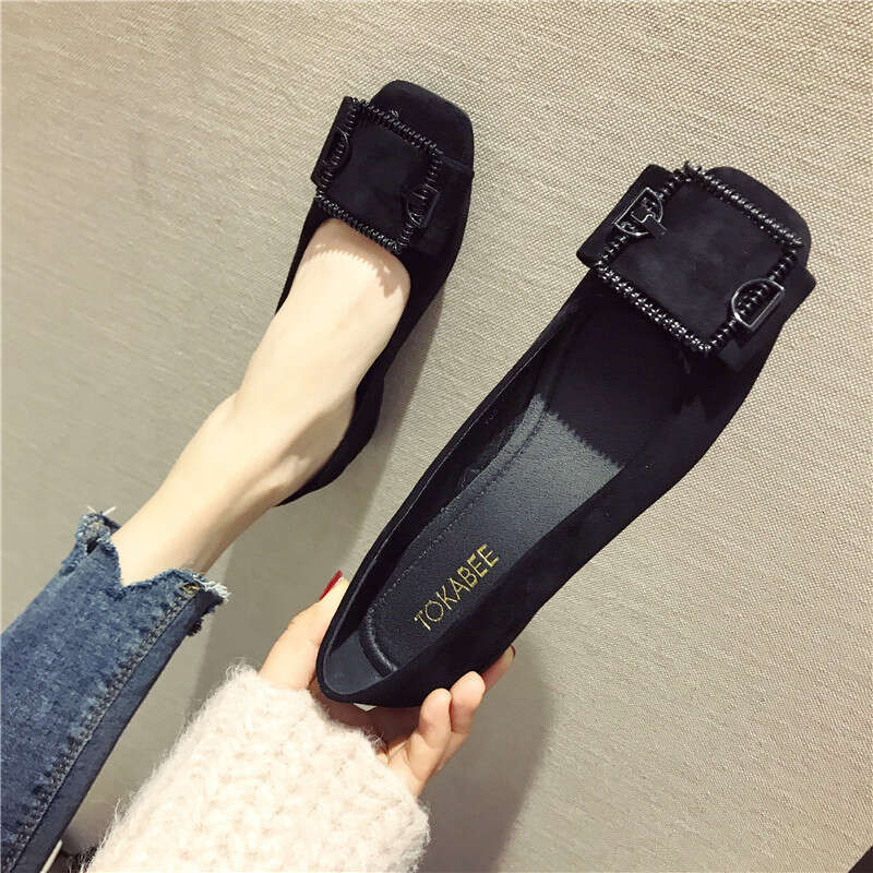 2023 Autumn New Versatile Square Buckle Shallow Mouth Coarse Custom For Women 3Cm Low Heel Women's Black Scoop Bean Shoes