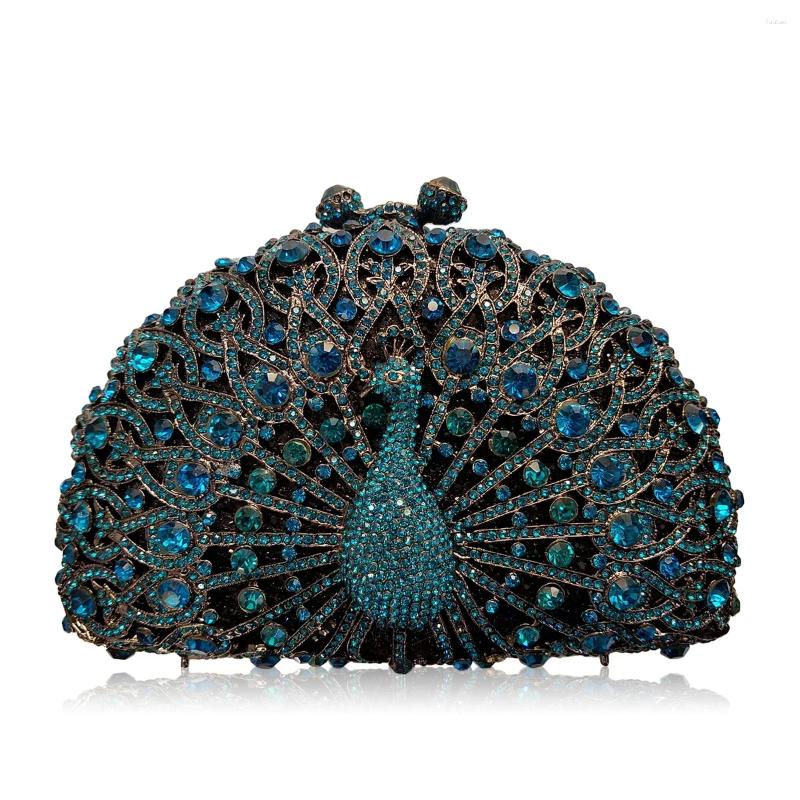 Evening Bags 24 Colors Luxury Peacock Shape Sky Blue Crystal Rhinestone Clutch Women Party Purse Fashion Silver Metal Handbags