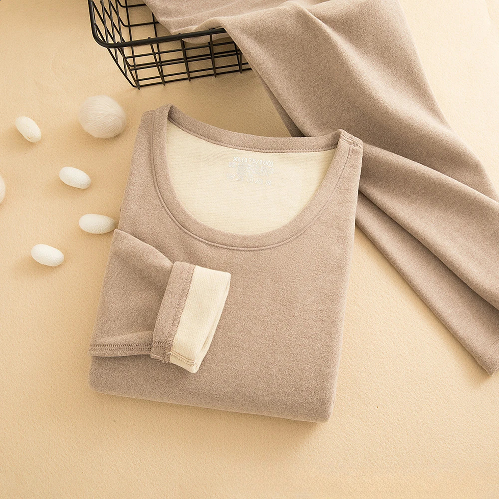 Wool Silk Thermal Underwear Set Double-sided Cashmere Long Johns Plus Cashmere Thick Autumn Winter for Men Women Warm Underwear 241105