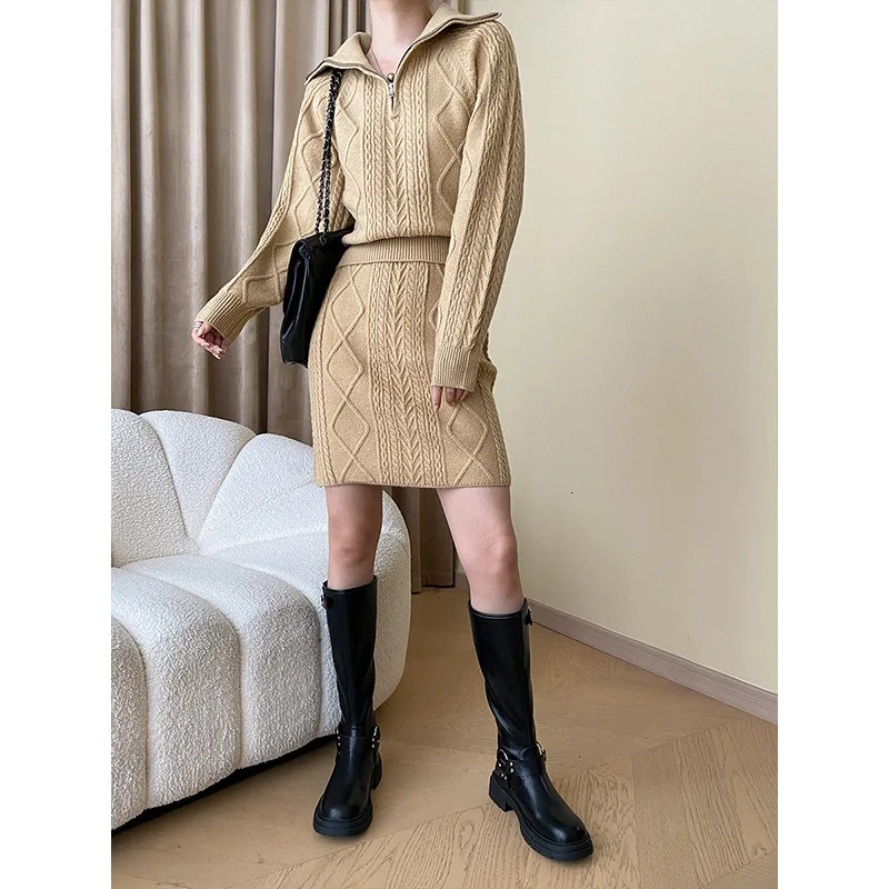 Women's Suit Fashion Commuter Solid Color High Quality Lapel Twist Knitted Pullover Sweater Mini Skirt 2Pcs Matching Set
