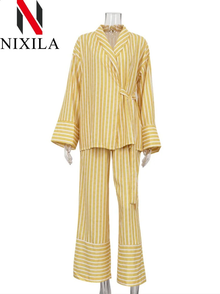 in Spring Summer Striped Long Sleeved Loose Tie Up Sets for Women 2 Pieces Fashion Leisure Pant Sets Elegant Womens Suits 241105