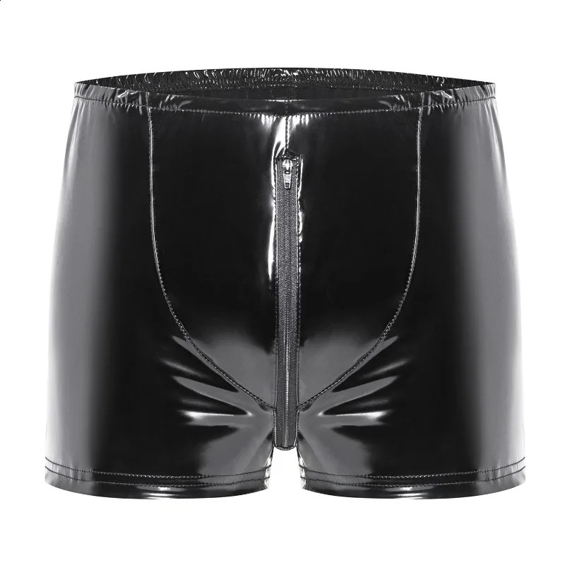 Sexy Zipper Boxer Man Underwear PVC Faux Leather Briefs Gay Rear hollow Shorts Black Wetlook Male Performance Underpants 241105