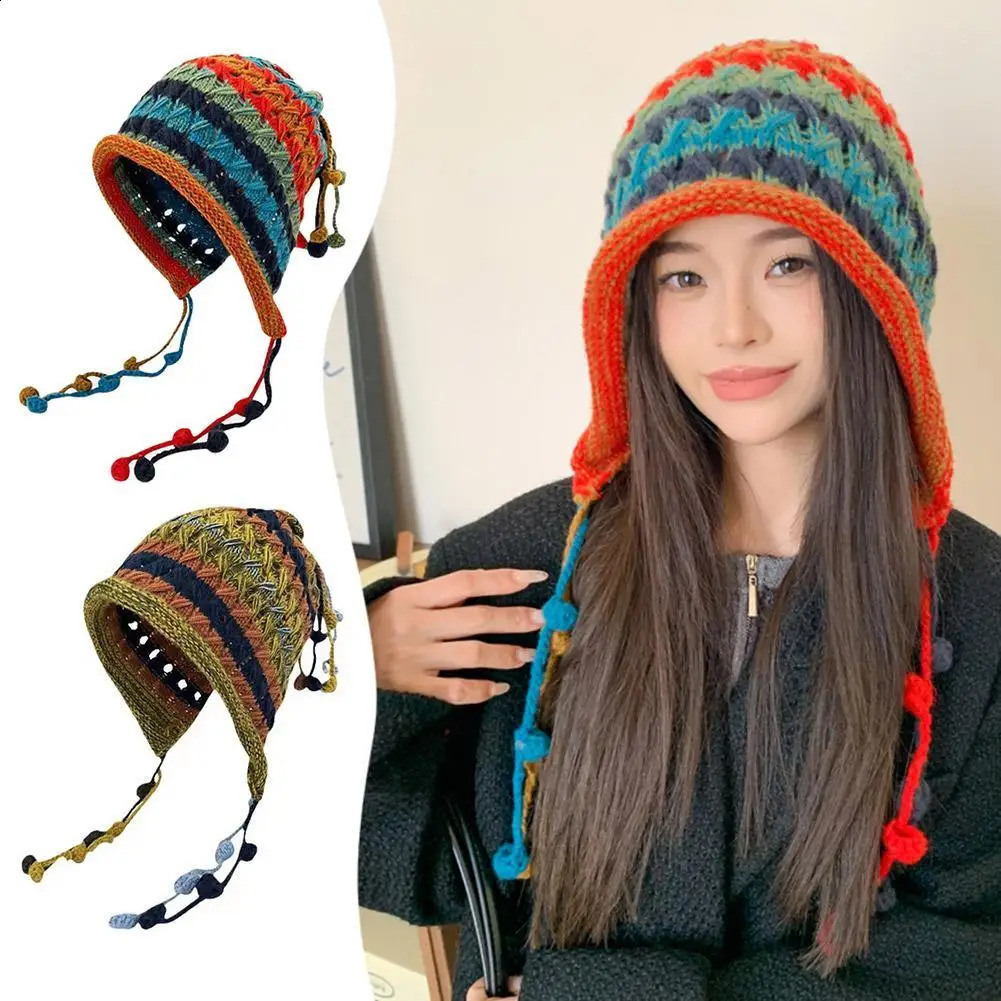 Women Winter Knitted Cap Plush Ball Decor Elastic Thick Hollow Out Beanie Soft Warm Regular Fit Ear Protection Lady Hat 241105