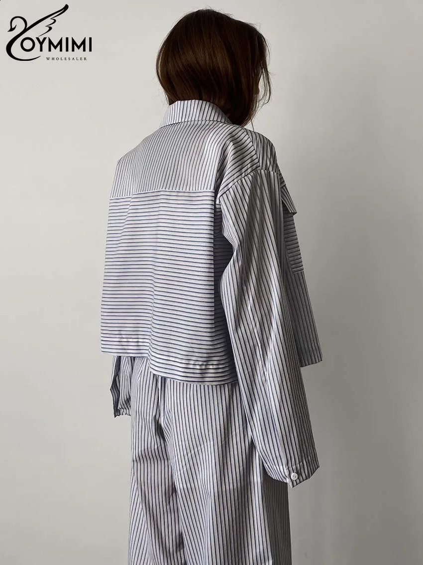 Oymimi Elegant Blue Print Striped Sets For Women 2 Pieces Fashion Lapel Long Sleeve Pockets Shirts And Straight Pants Female Set 241105